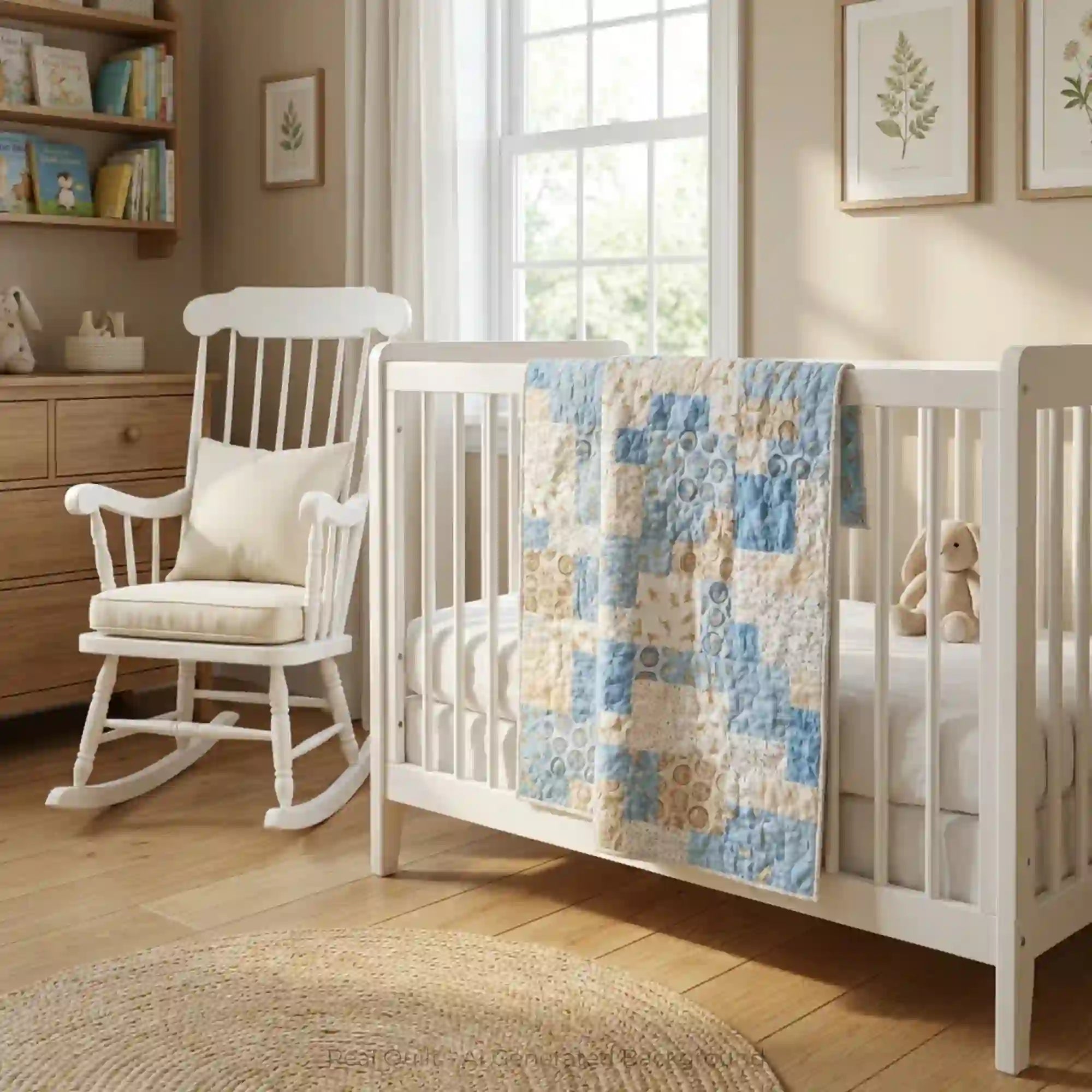 Baby quilt shown draped over a crib in a neutral nursery