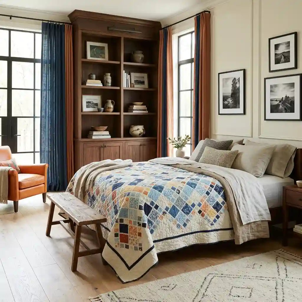 Softspoken Summer King Quilt shown in an architecturally collected designed bedroom.