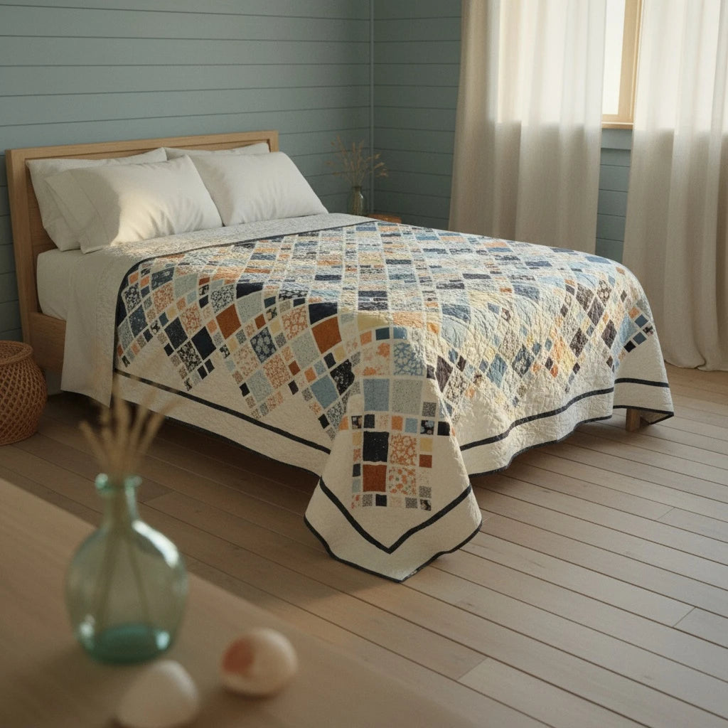 Softspoken Summer king quilt draped in a bright, coastal-inspired bedroom with natural light and airy tones.