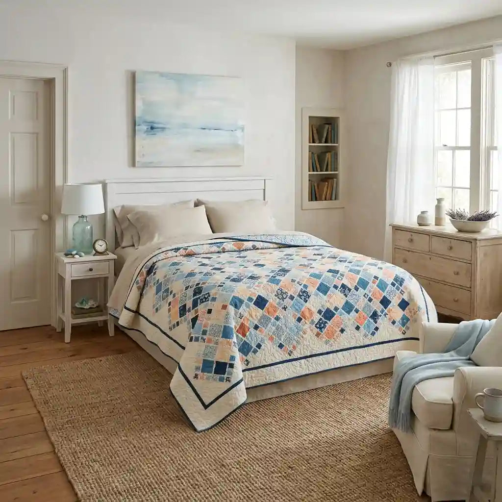 Softspoken Summer king quilt in  coastal-themed bedroom