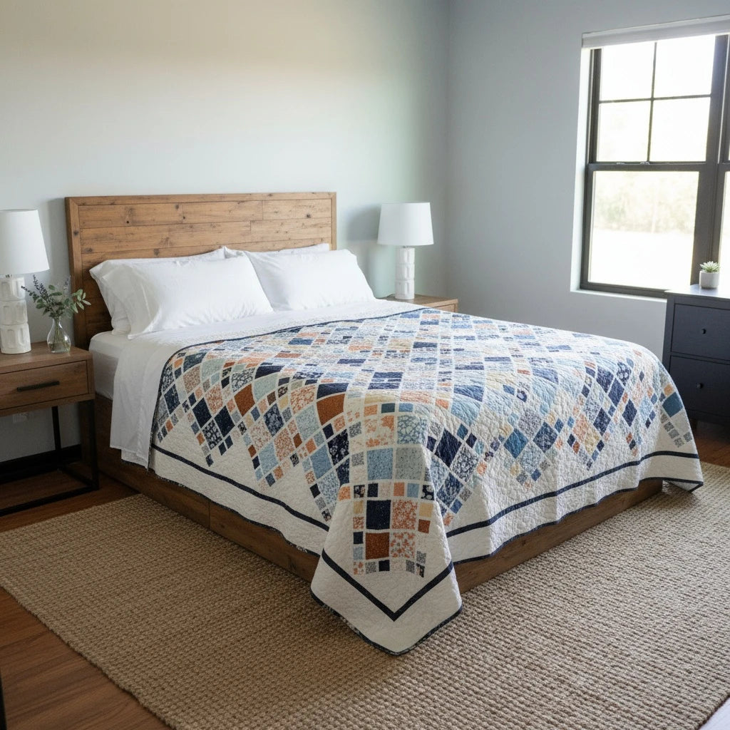 Handmade patchwork king quilt on a wooden modern farmhouse bed with white linens and natural textures.