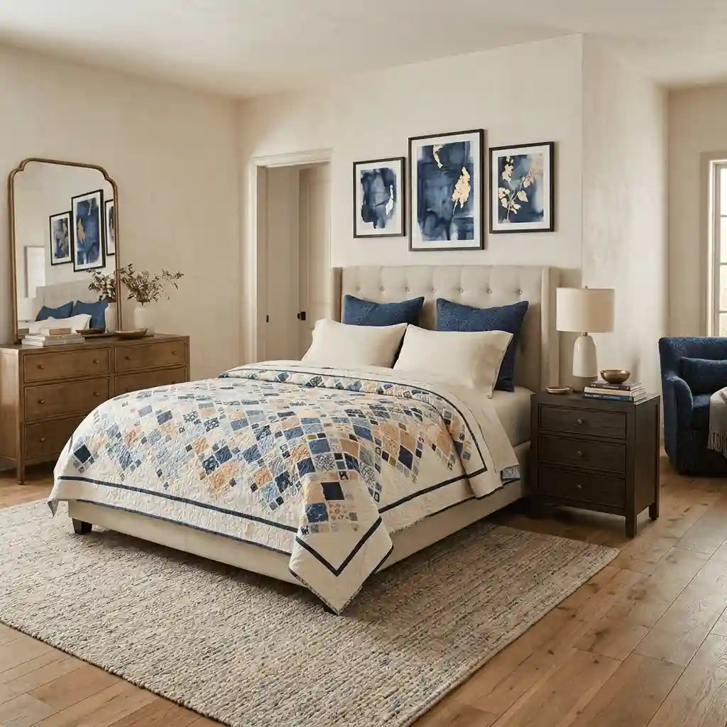 Softspoken Summer King quilt shown in a simply decorated modern bedroom.