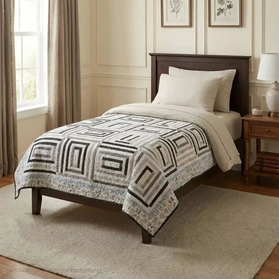 Handmade twin quilt in black and white styled in a traditionally decorated bedroom