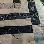 Detail image showing quilting in progress of handmade black and white twin quilt
