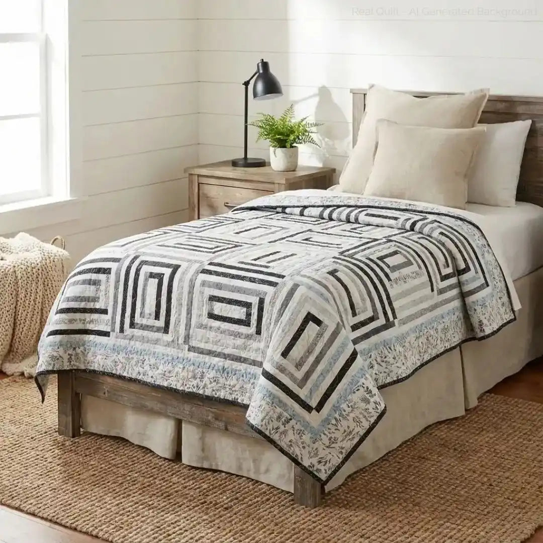 Handmade twin quilt in black and white with blue accents styled in a modern farmhouse bedroom