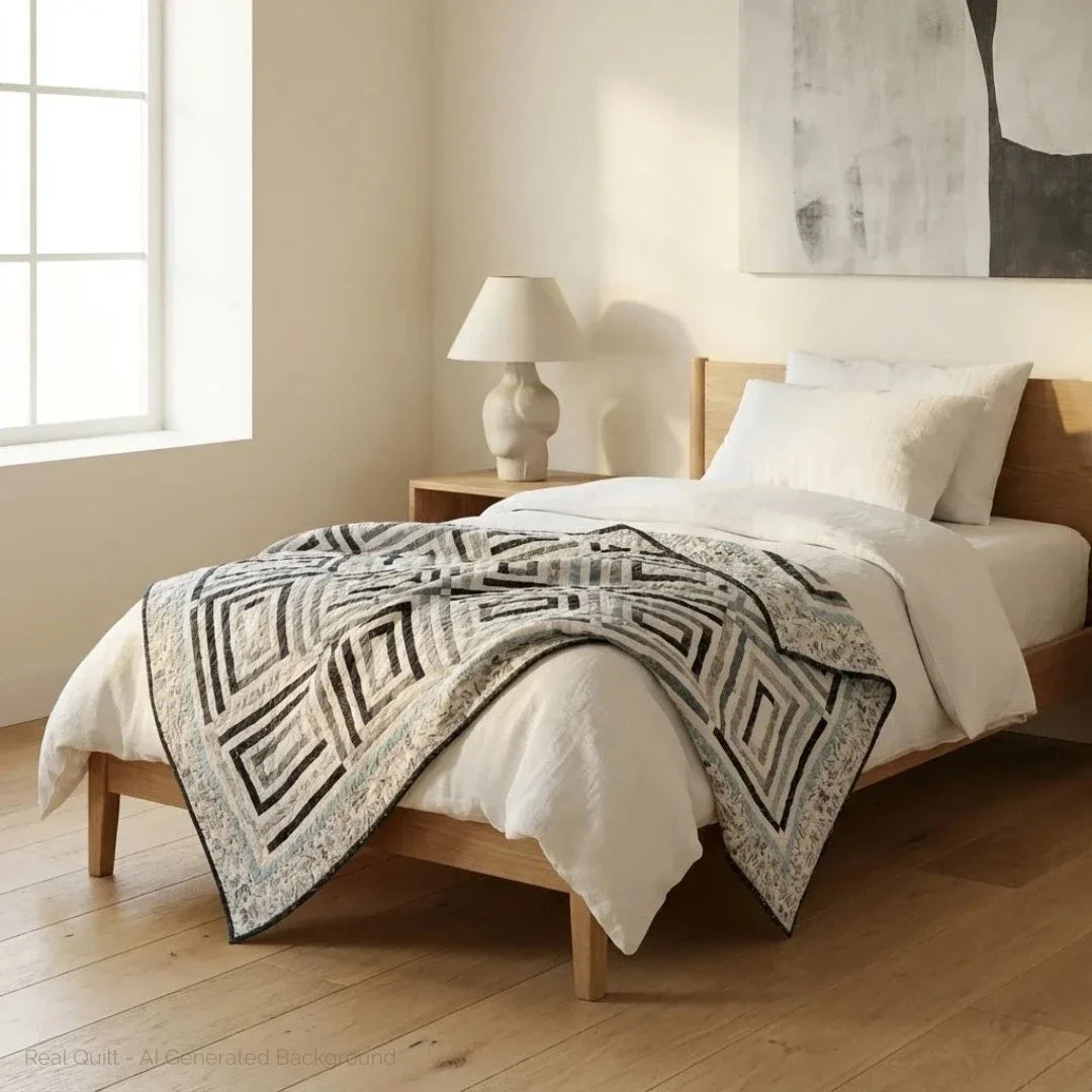 Handmade twin quilt shown on twin bed in minimally decorated bedroom