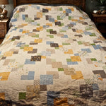Colorful Spring Brook handmade quilt on a bed in a room with wooden furniture and décor.