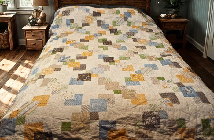 Colorful Spring Brook handmade quilt on a bed in a room with wooden furniture and décor.