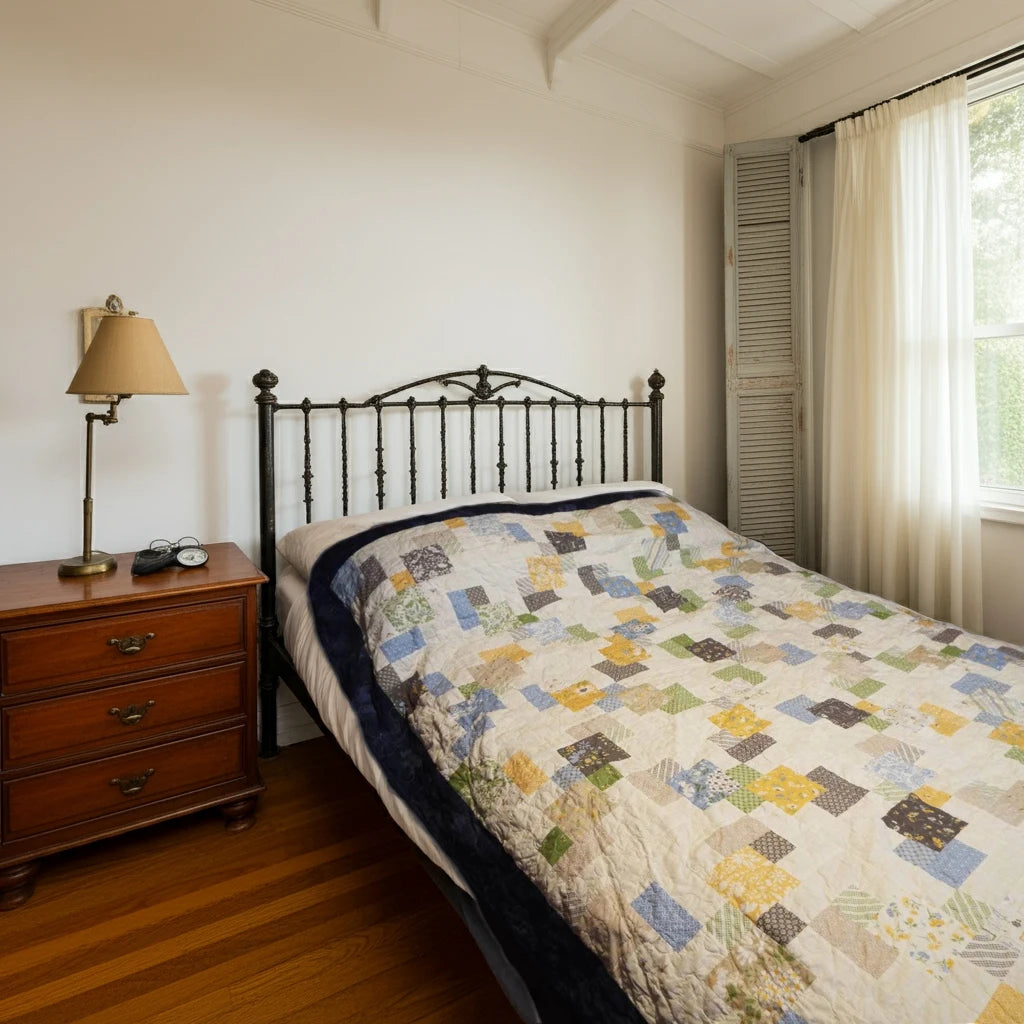 Spring Brook handmade quilt in a neutral room on a full bed with an iron headboard