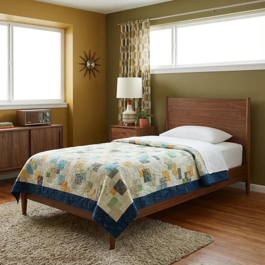 Handmade twin quilt in blues, yellows, greens, and grays on a twin bed in a stylized mid-century modern bedroom