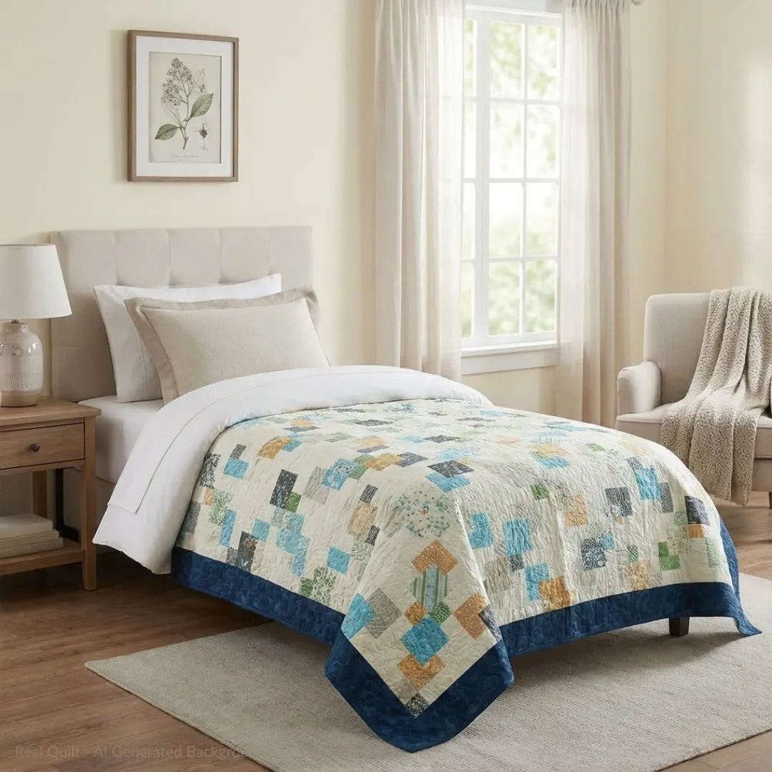Handmade twin quilt shown in a stylized modern classic bedroom with neutral walls and minimal decor
