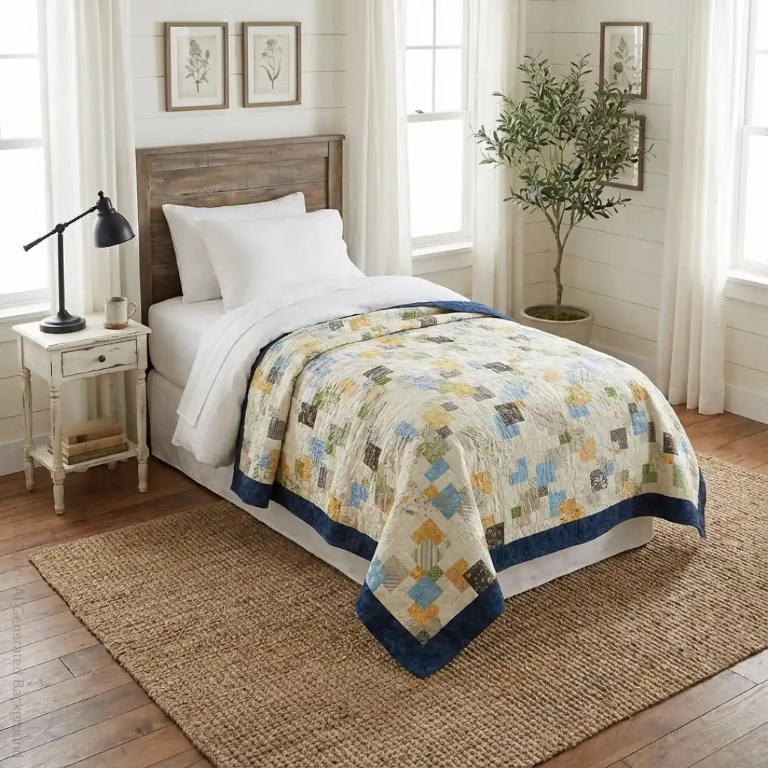 Handmade twin quilt in blues, yellows, and grays shown on a twin bed in a stylized farmhouse bedroom