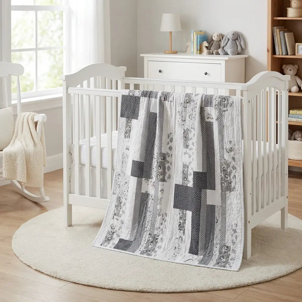 Starlit Trails draped over a white crib in nursery