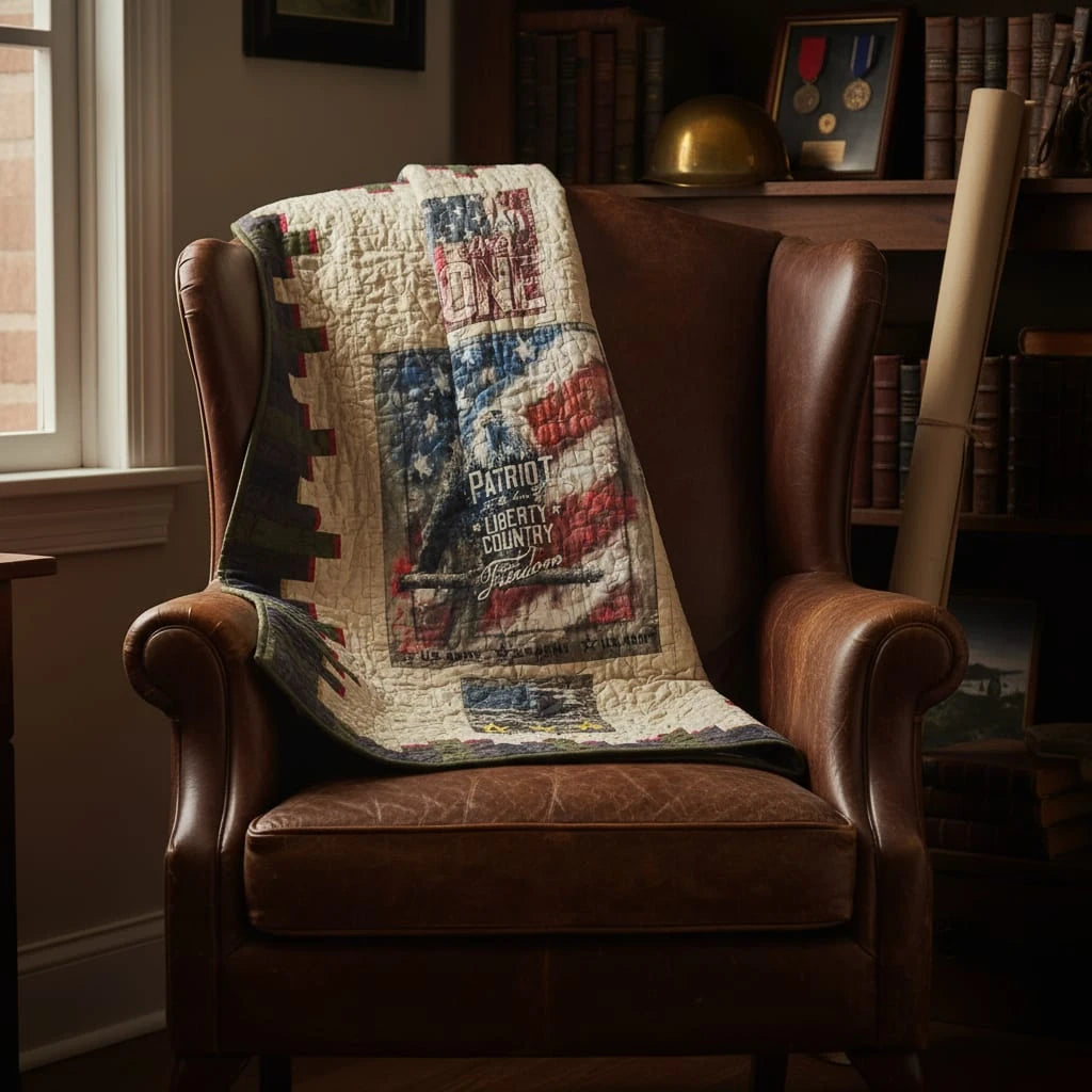 Army eagle tribute quilt shown draped over a leather chair in a reading nook
