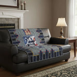 Eagle tribute quilt shown on black sofa