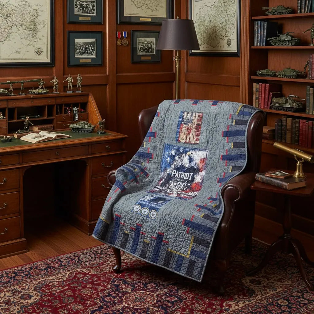Eagle tribute quilt shown draped on leather chair in study