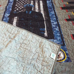 Close up of backing, quilt top, and stitching