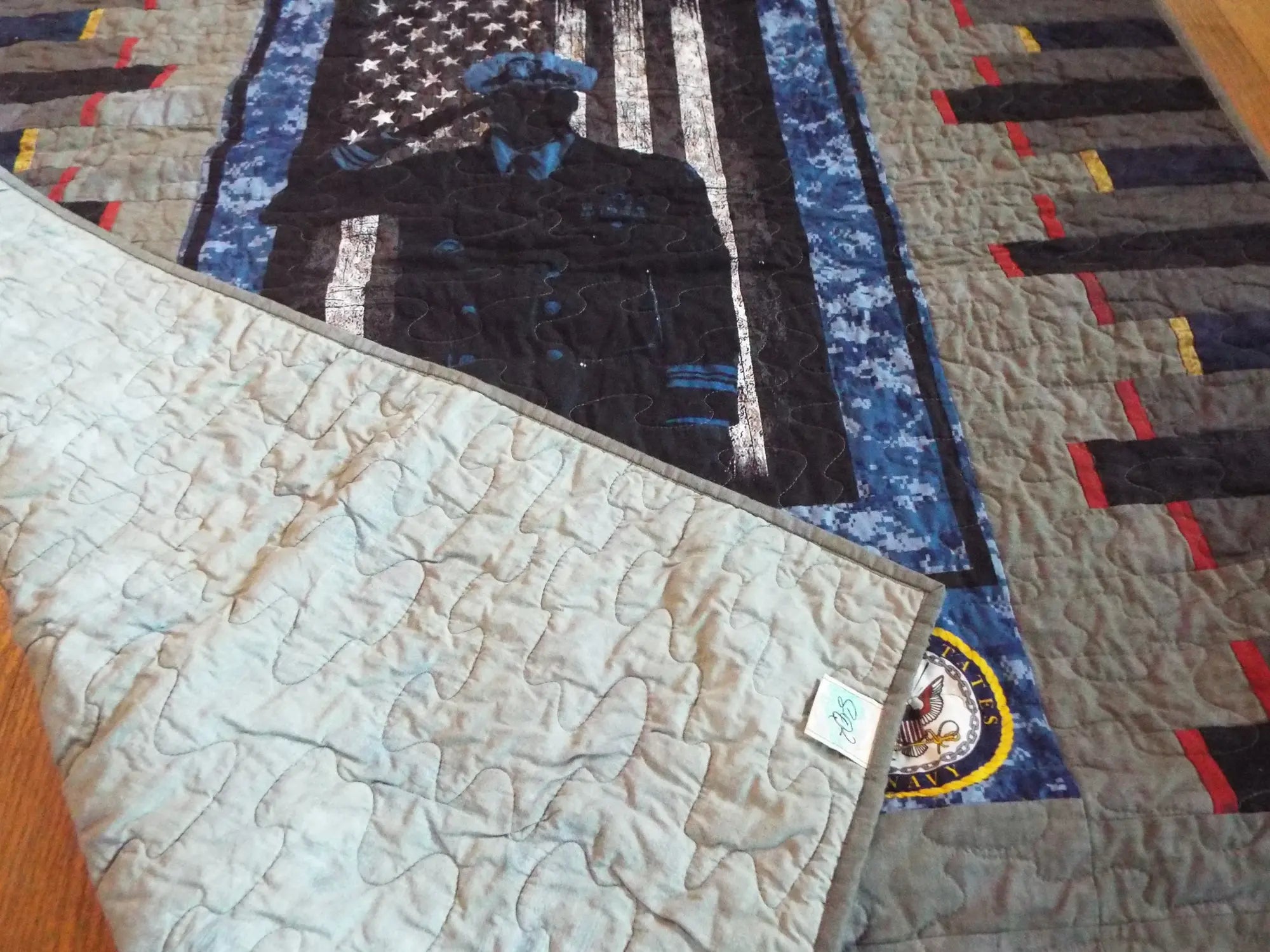 Close up of backing, quilt top, and stitching