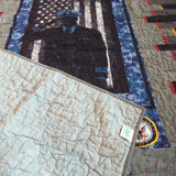 Close up of backing, quilt top, and stitching