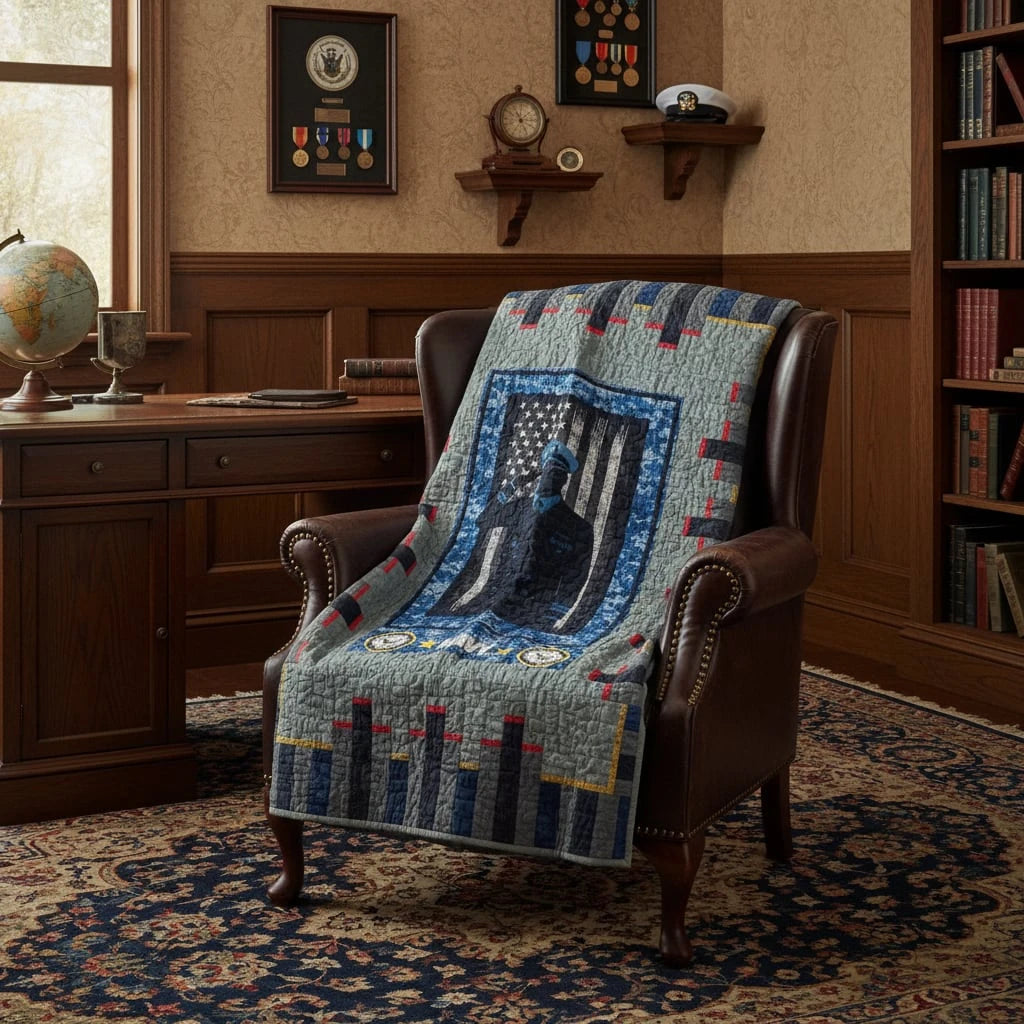 Tribute quilt folded over a chair in a masculine study