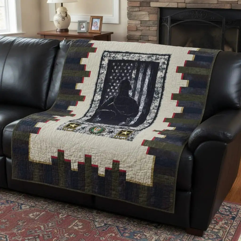 Soldier tribute quilt shown on a leather couch.