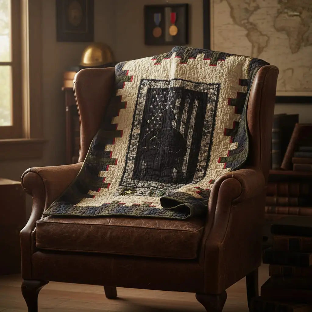 Soldier quilt draped over the back of a study chair