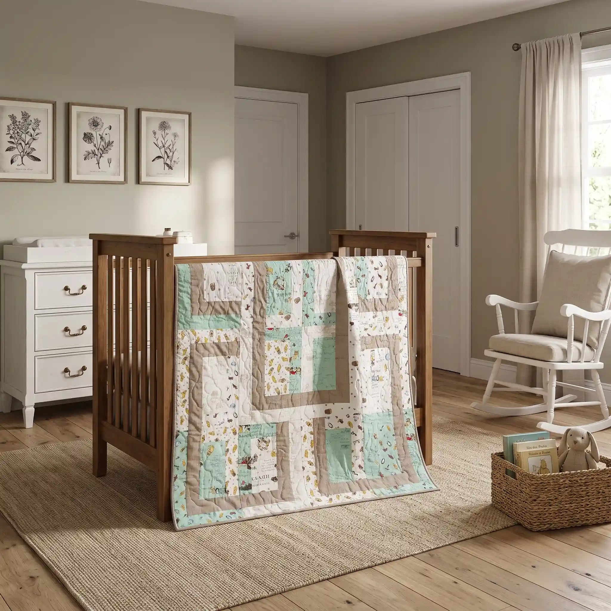 A wooden crib in a styled nursery setting, featuring Stories in the Woods Baby Quilt. The room includes a white rocking chair, a white dresser, framed botanical prints, and a woven rug.