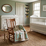 A styled nursery interior featuring a wooden rocking chair draped with Stories in the Woods Baby Quilt, a white crib, a wooden dresser, and a round mirror against sage green walls.