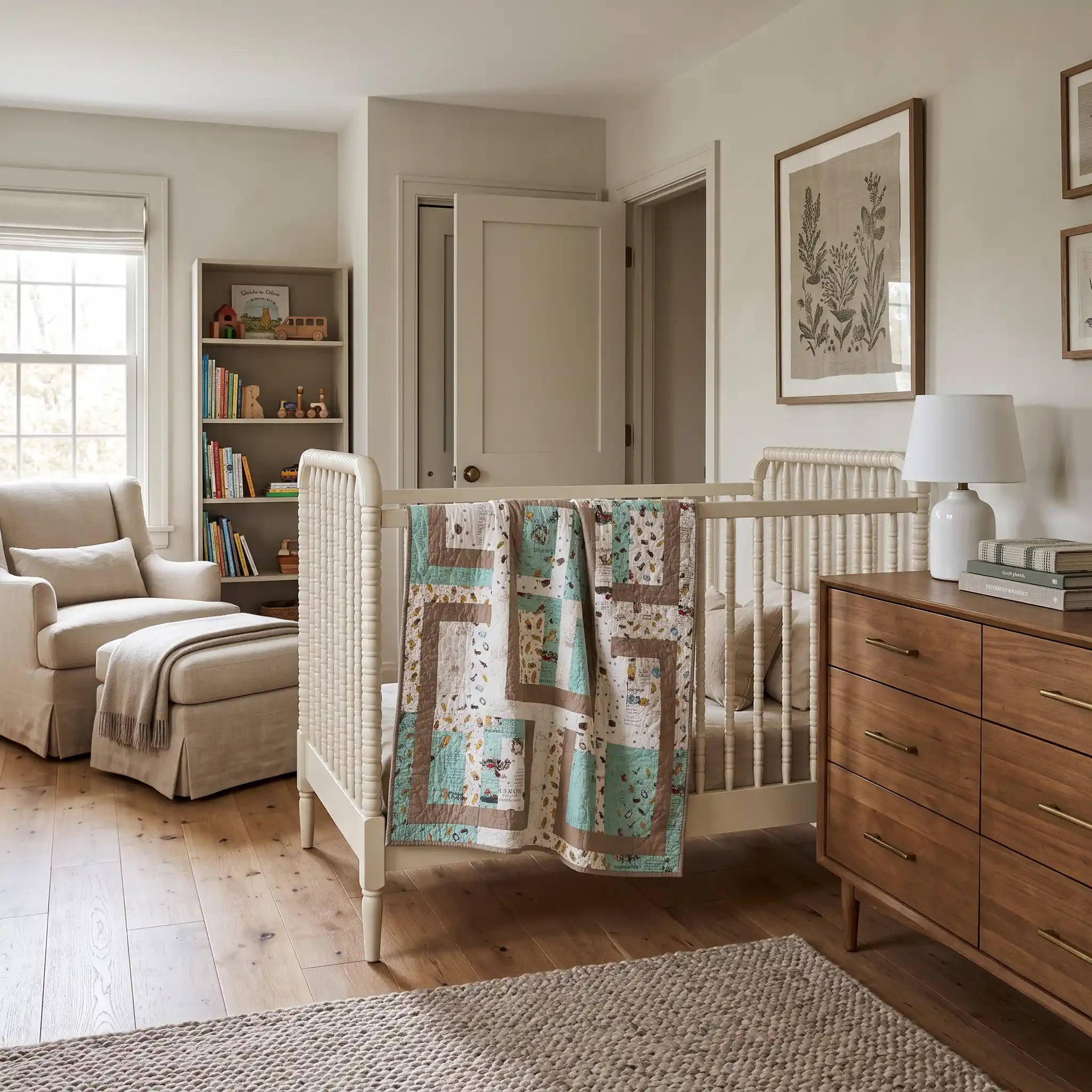 A styled nursery interior featuring a white wicker crib with Stories in the Woods Baby Quilt draped over the side, a wooden dresser, a cream armchair, and a bookshelf in a bright, neutral-toned room.