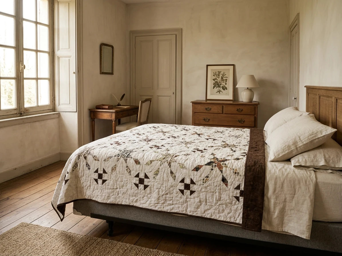 A rustic bedroom scene featuring a bed dressed in The Archivist Queen Quilt, styled with matching cream pillows and a wooden headboard.