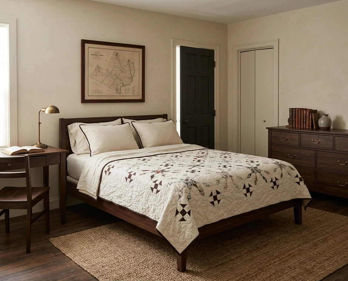A styled bedroom featuring a bed with The Archivist Queen Quilt. The room has beige walls, a dark wood nightstand and dresser, a woven jute rug, and a framed map on the wall.