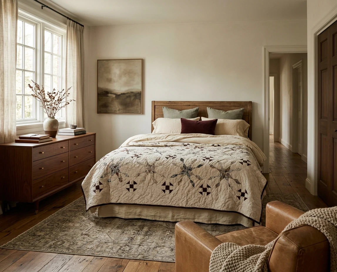 A styled bedroom interior featuring a bed dressed in The Archivist Queen Quilt, surrounded by neutral pillows. The room has warm wood floors, a matching wood dresser, a large window with sheer curtains, and a brown leather armchair in the foreground.