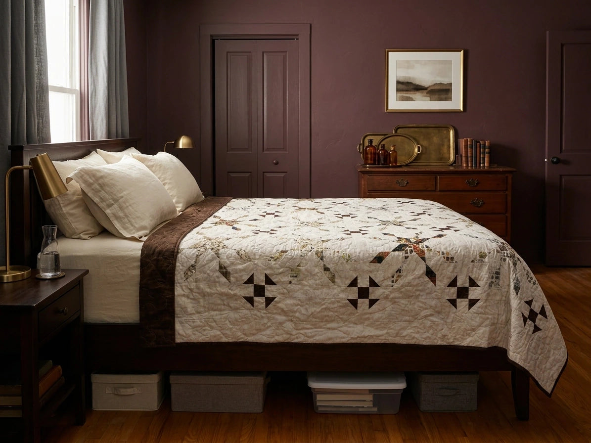 The Archivist Queen Quilt styled on a dark wood bed in a bedroom with dark burgundy walls.