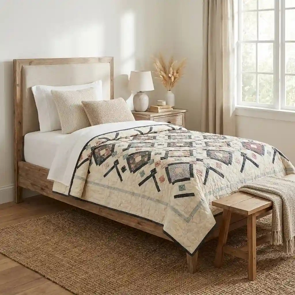 Twin Floral Handmade quilt shown in minimally decorated bedroom with natural materials