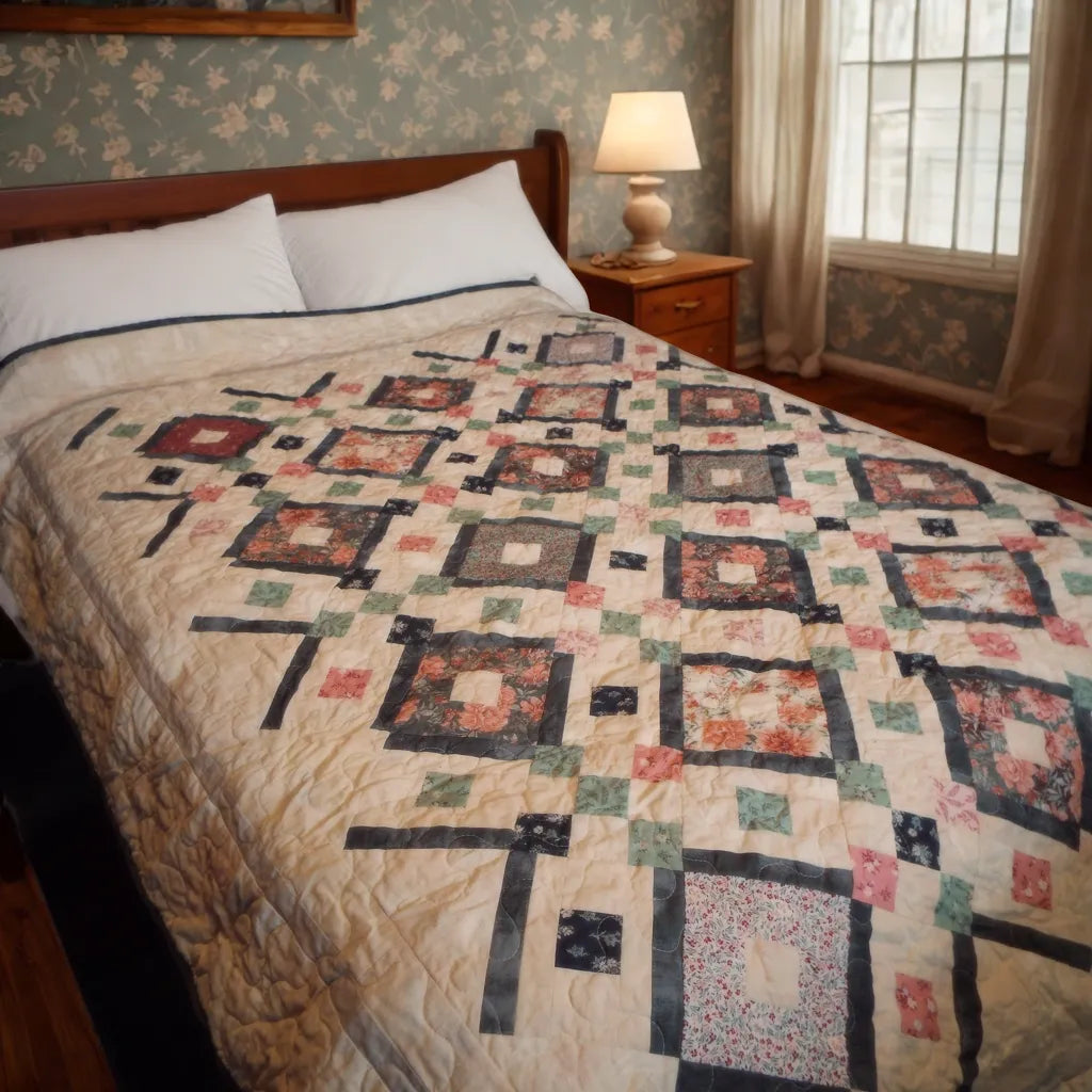 Handmade twin quilt in rose and green with dark gray accents shown on bed in a traditionally decorated bedroom