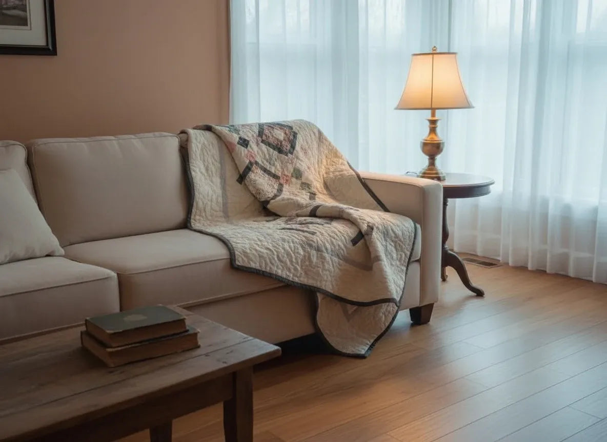 Twin Floral Handmade Quilt shown draped over a sofa in a minimally decorated living room with soft lighting.