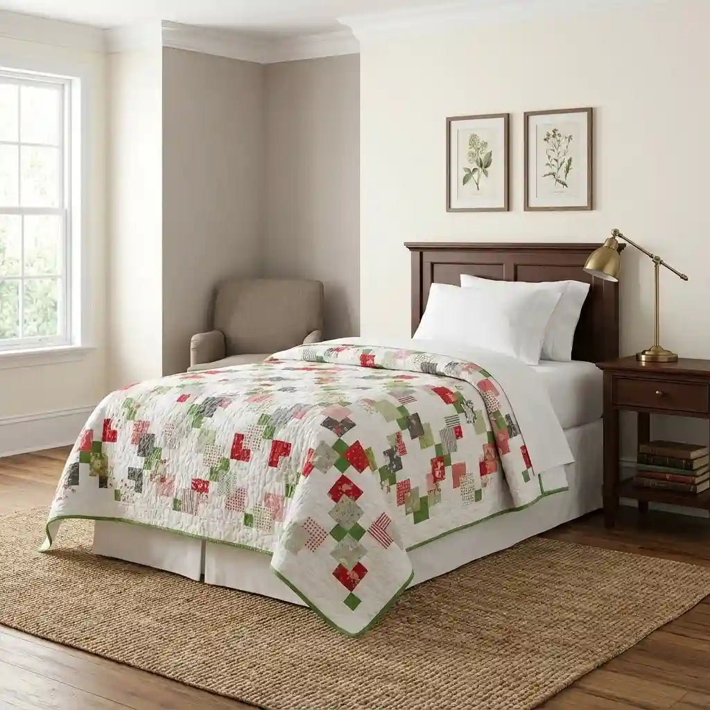 Vibrant handmade quilt on bed in minimally decorated bedroom with dark furniture and a woven rug