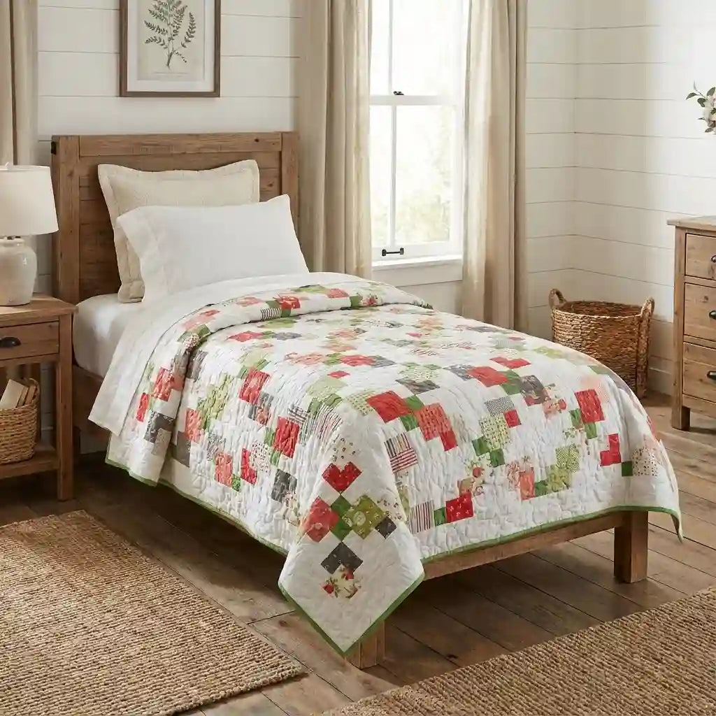Vibrant handmade quilt shown on twin bed in farmhouse styled bedroom.