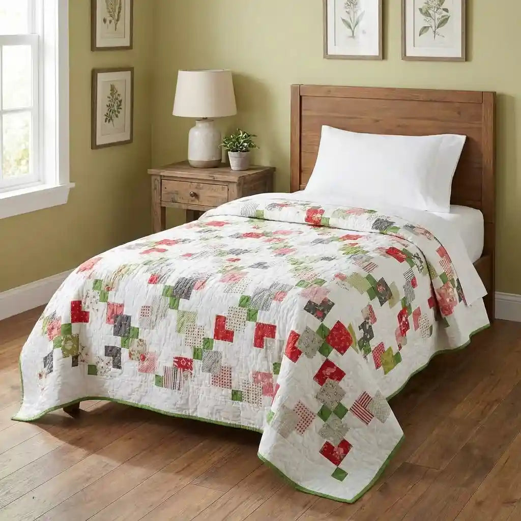 Vibrant handmade quilt shown on twin bed in lightly decorated bedroom with sage walls.