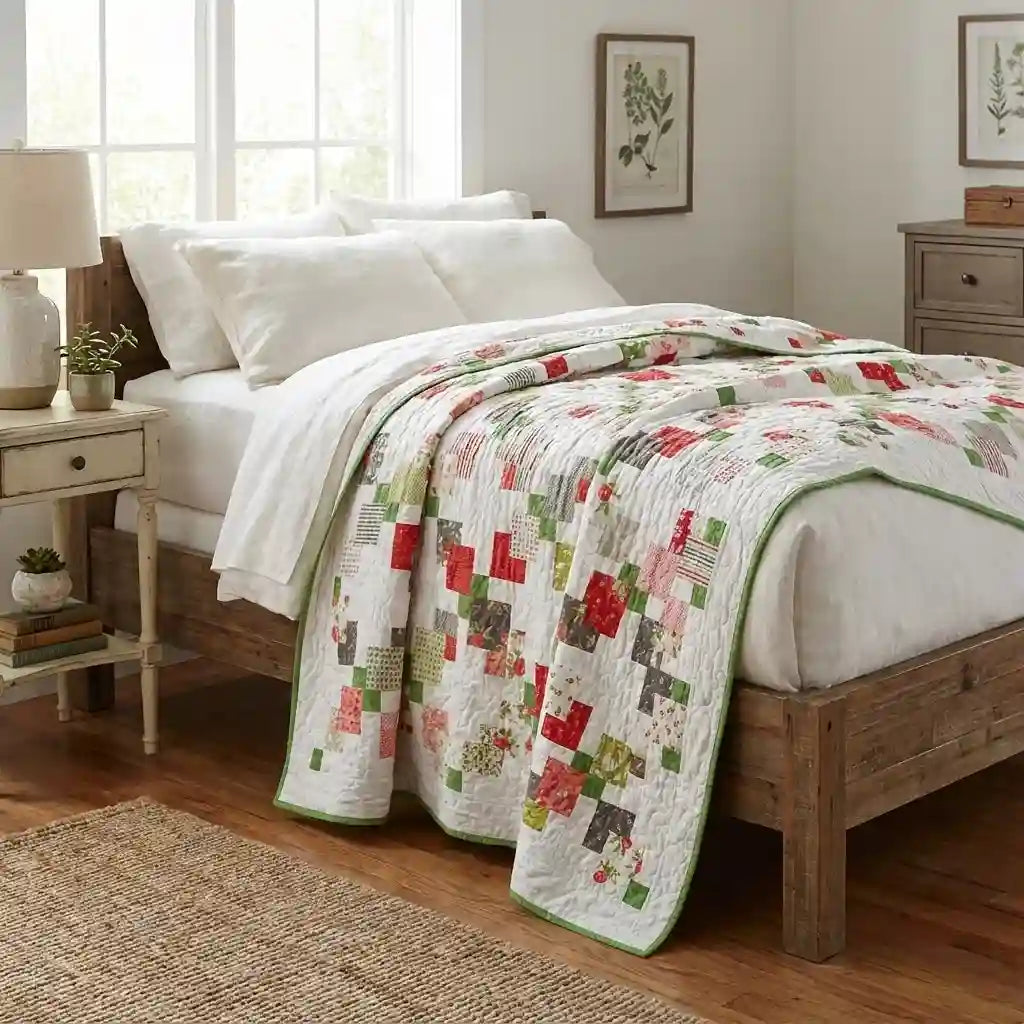 Vibrant handmade quilt shown on twin bed in a minimally decorated bedroom