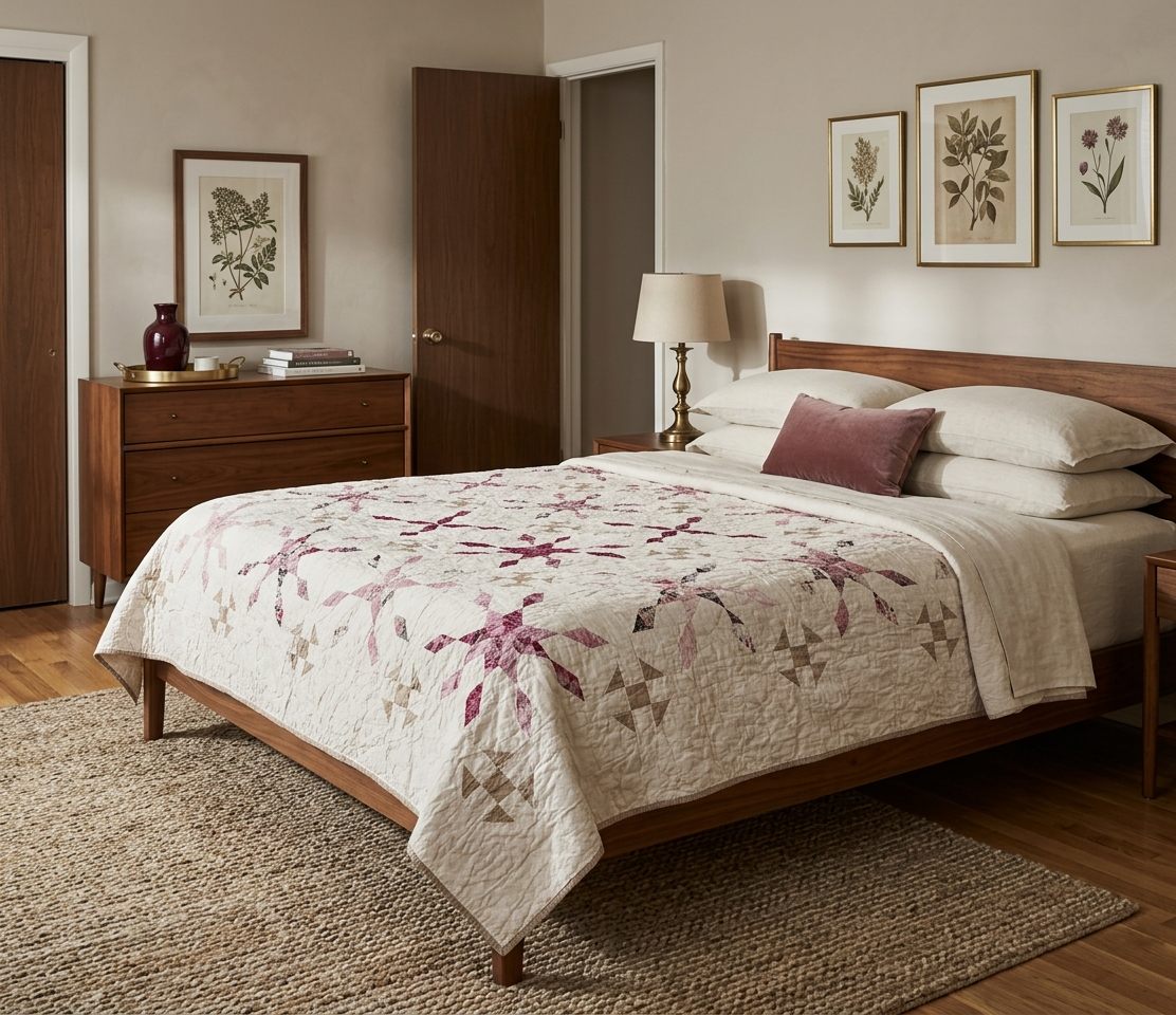 A styled bedroom scene featuring a wooden bed with Scarlet Correspondence Queen Quilt, styled with white pillows and a single dusty rose accent pillow.