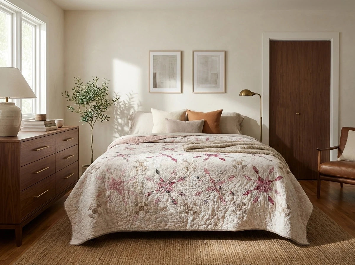 Scarlet Correspondence Queen Quilt is styled on a bed in a warm, modern bedroom. The room features a dark wood dresser, a floor lamp, a window with natural light, and neutral-toned walls.