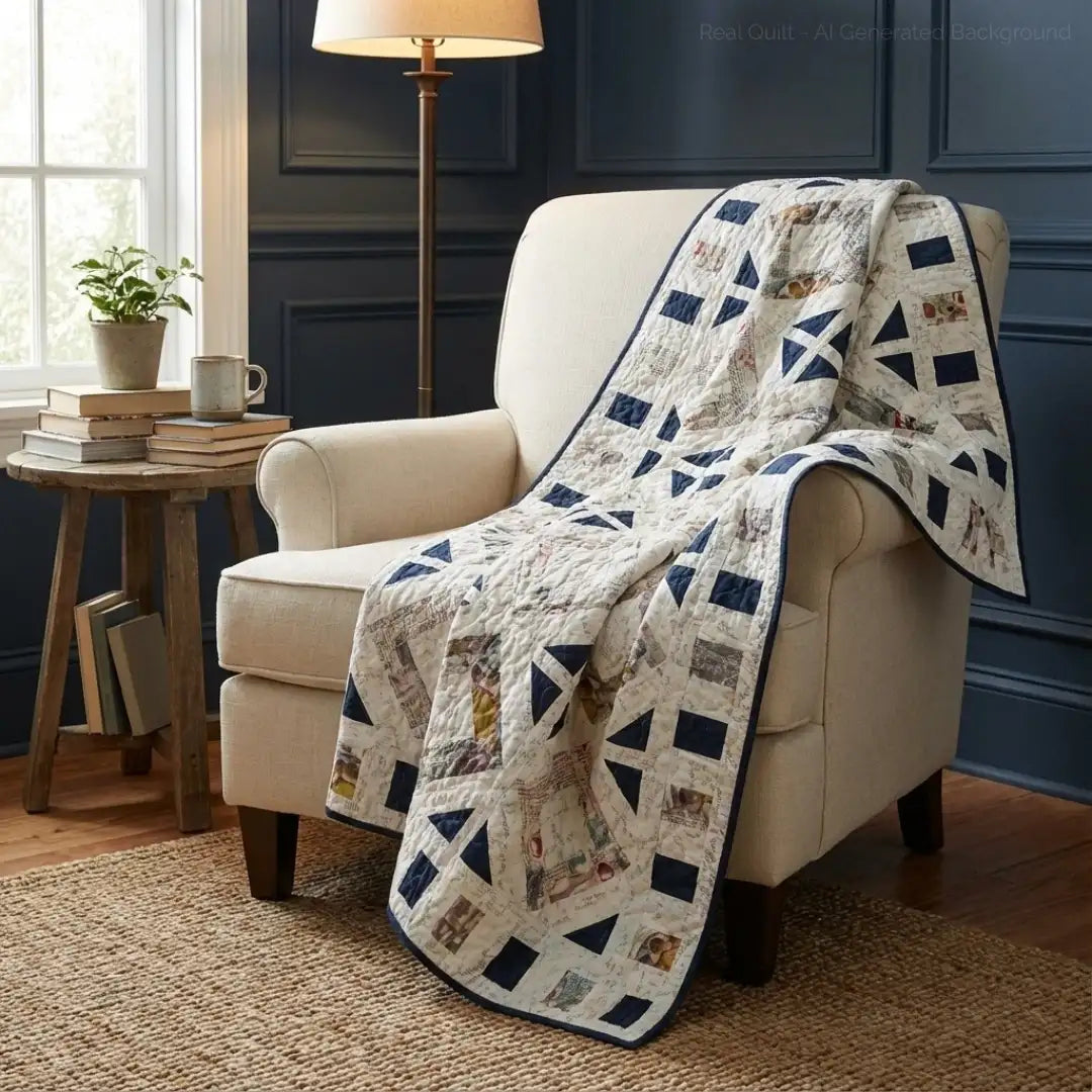 Handmade lap quilt shown draped over an armchair in a dark blue room near a window