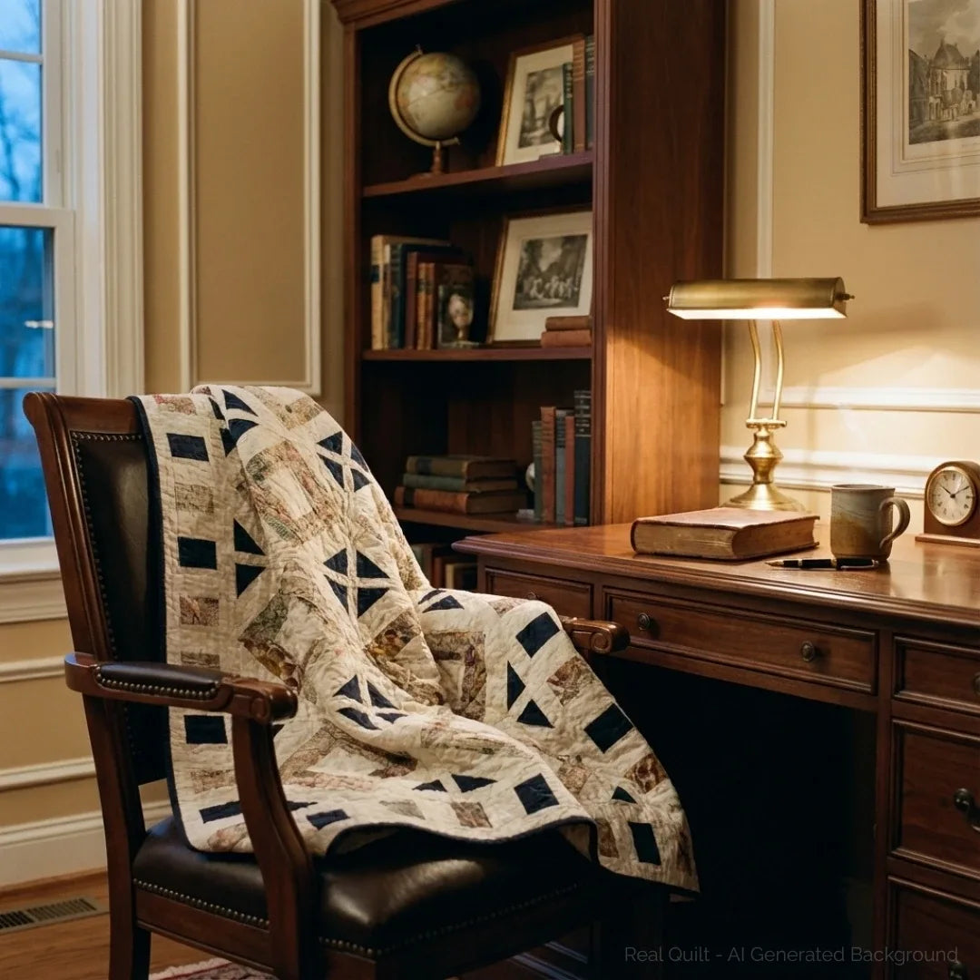 Handmade lap quilt shown draped over a leather desk chair in a study.