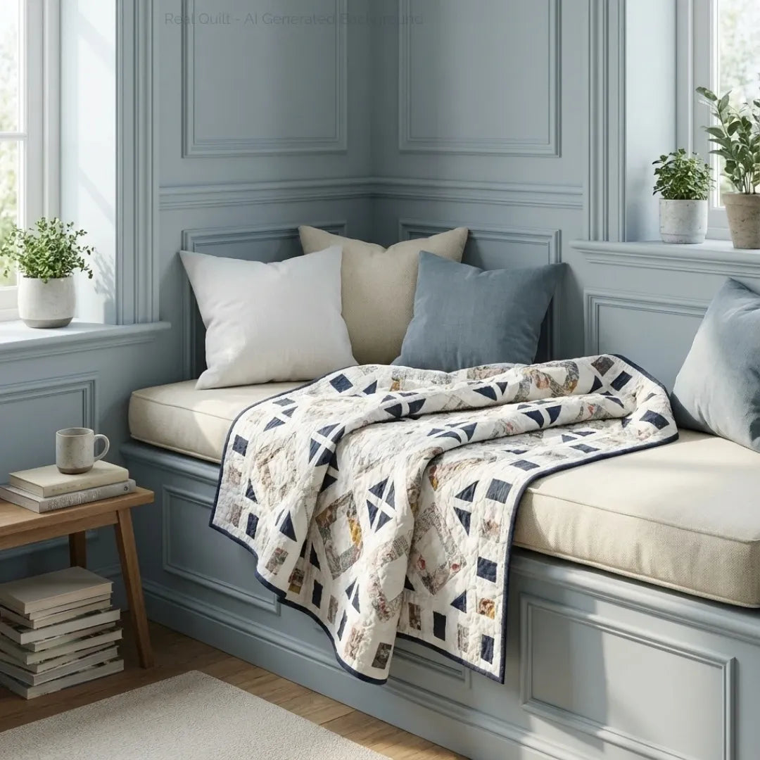 Handmade lap quilt shown on a window seat in a light blue room
