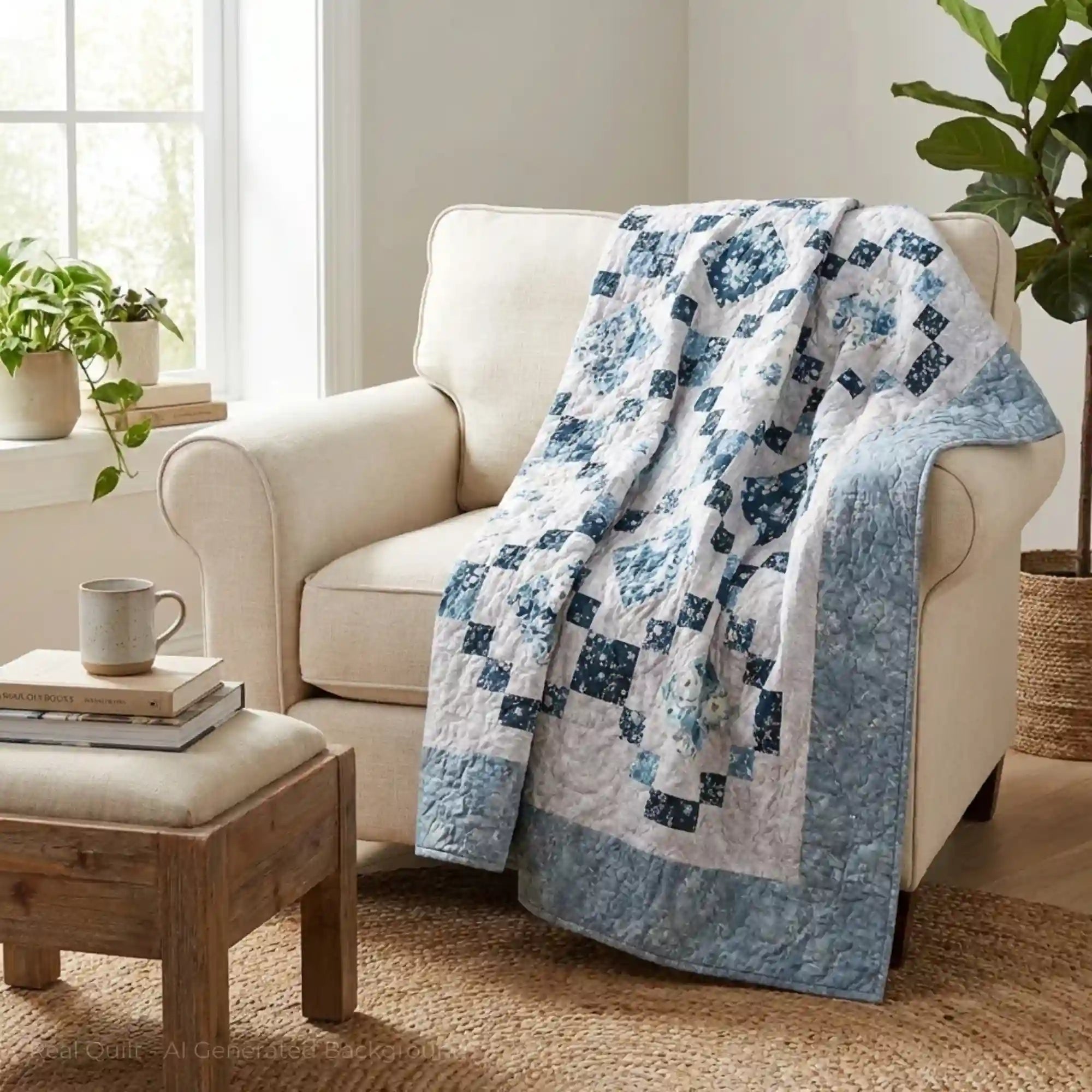 Weathered Blue lap quilt draped over a beige armchair in a cozy living room.