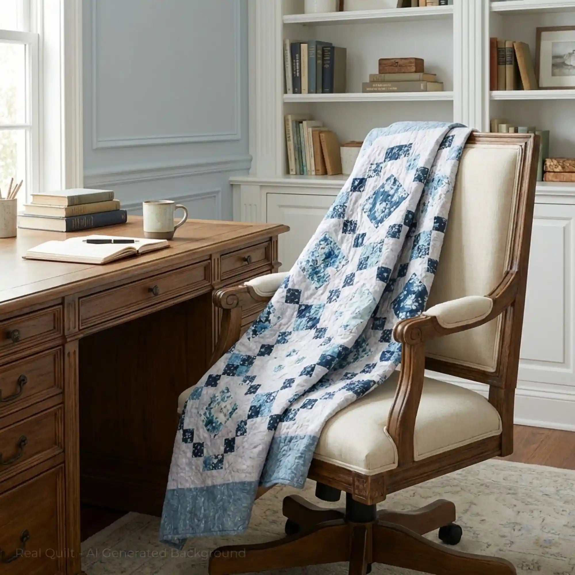 Wooden desk with a chair draped with the Weathered Blue lap quilt in a home office setting.