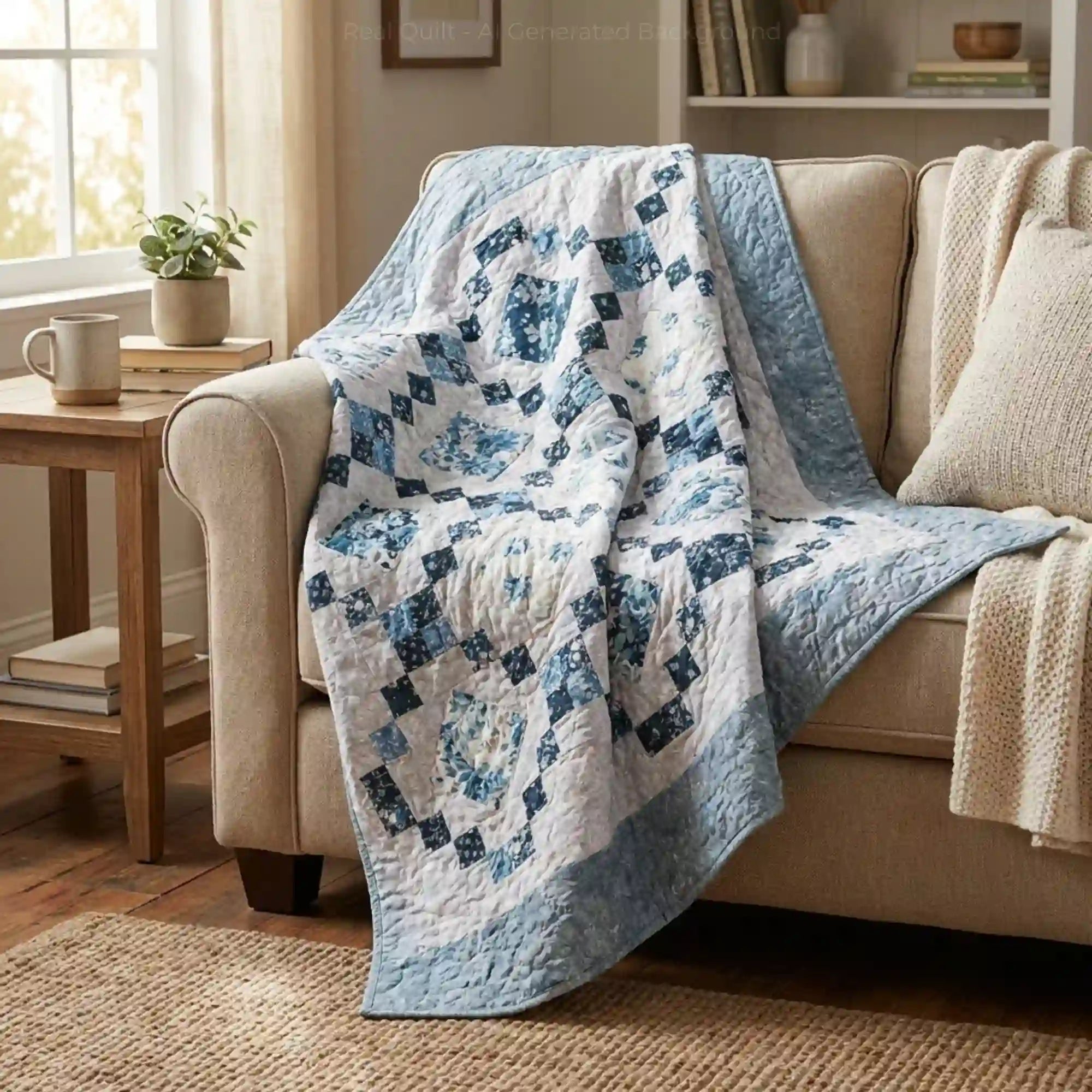 The Weathered Blue lap quilt draped over a beige sofa in a cozy living room.