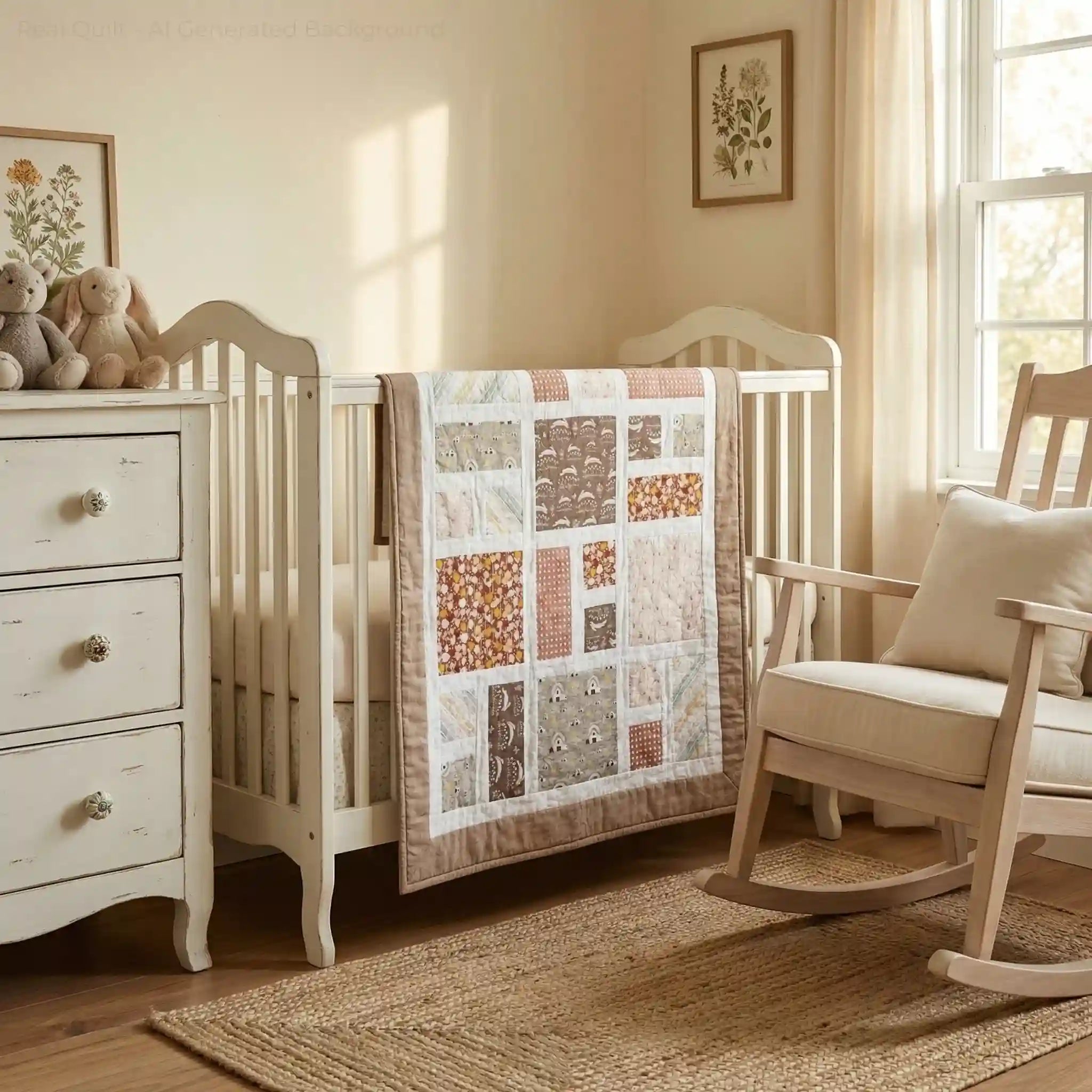 Handmade quilt draped over a crib in a nursery decorated in creams.