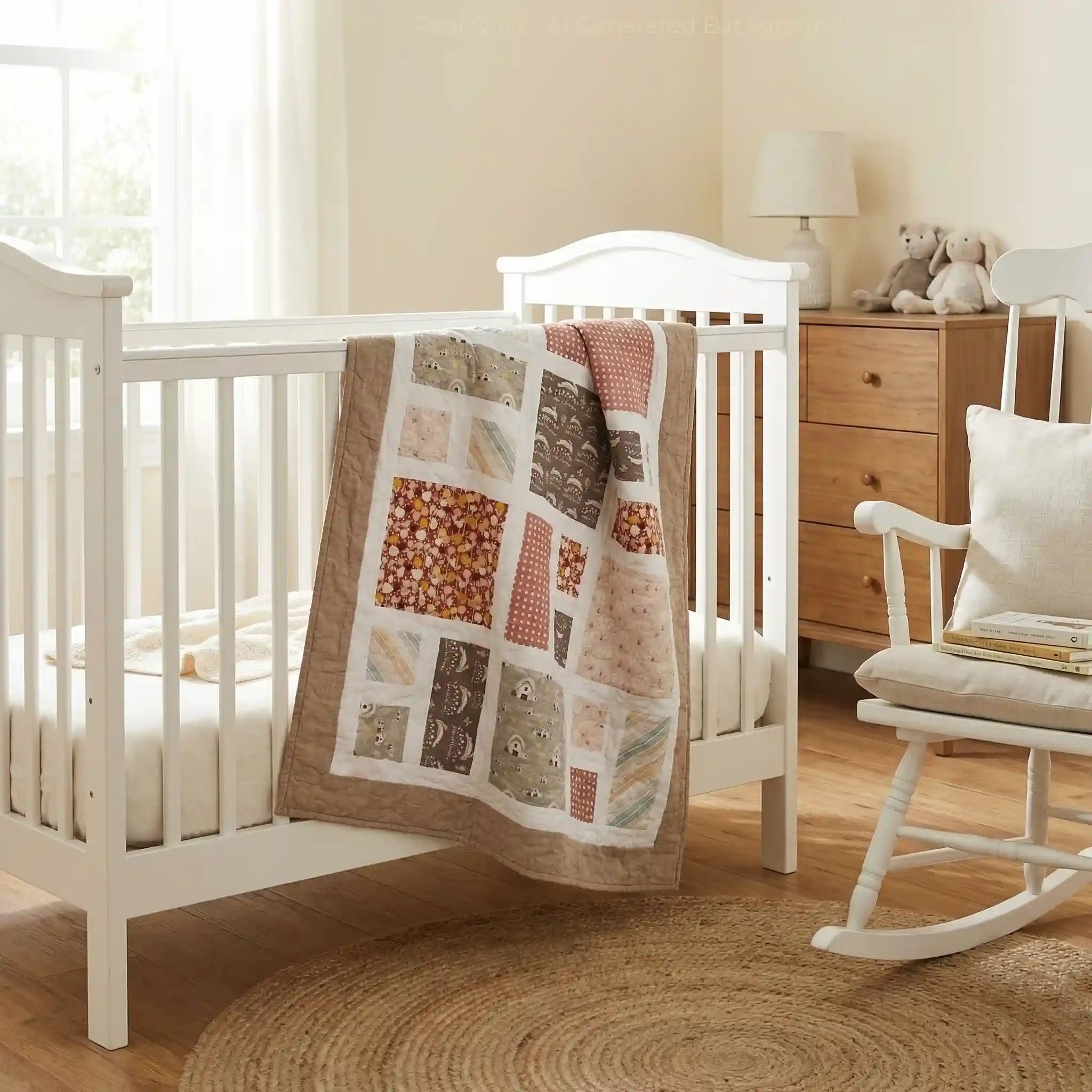 Handmade quilt draped over the side of a white crib in a minimal nursery.